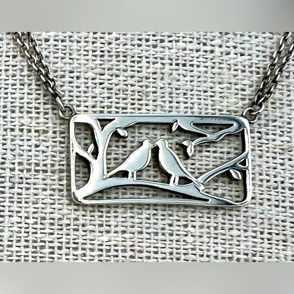 925 Silver Lovebirds Pendant Necklace on adjustable double silver chain